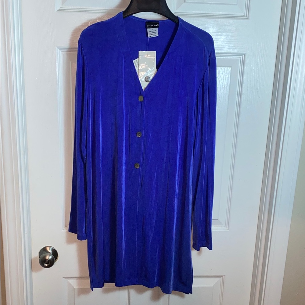 Citiknits Vibrant Blue Women's 3 Button-Up Tunic Top Travel Knit Slinky Size L